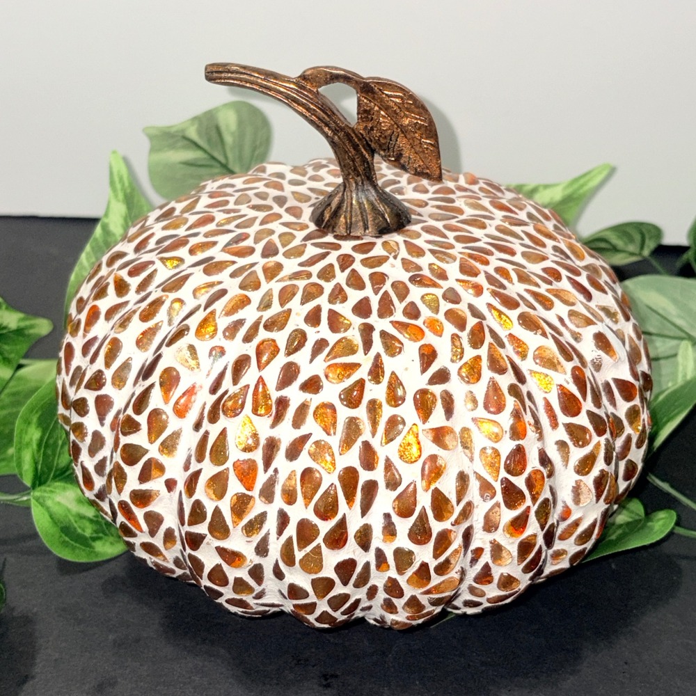 RARE Pottery Barn Amber Mosaic Glass Pumpkin Decor Centerpiece Bronze Stem 8.5"